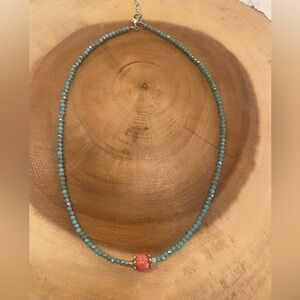 Handmade beaded necklace with silver tone accents- 18” long
